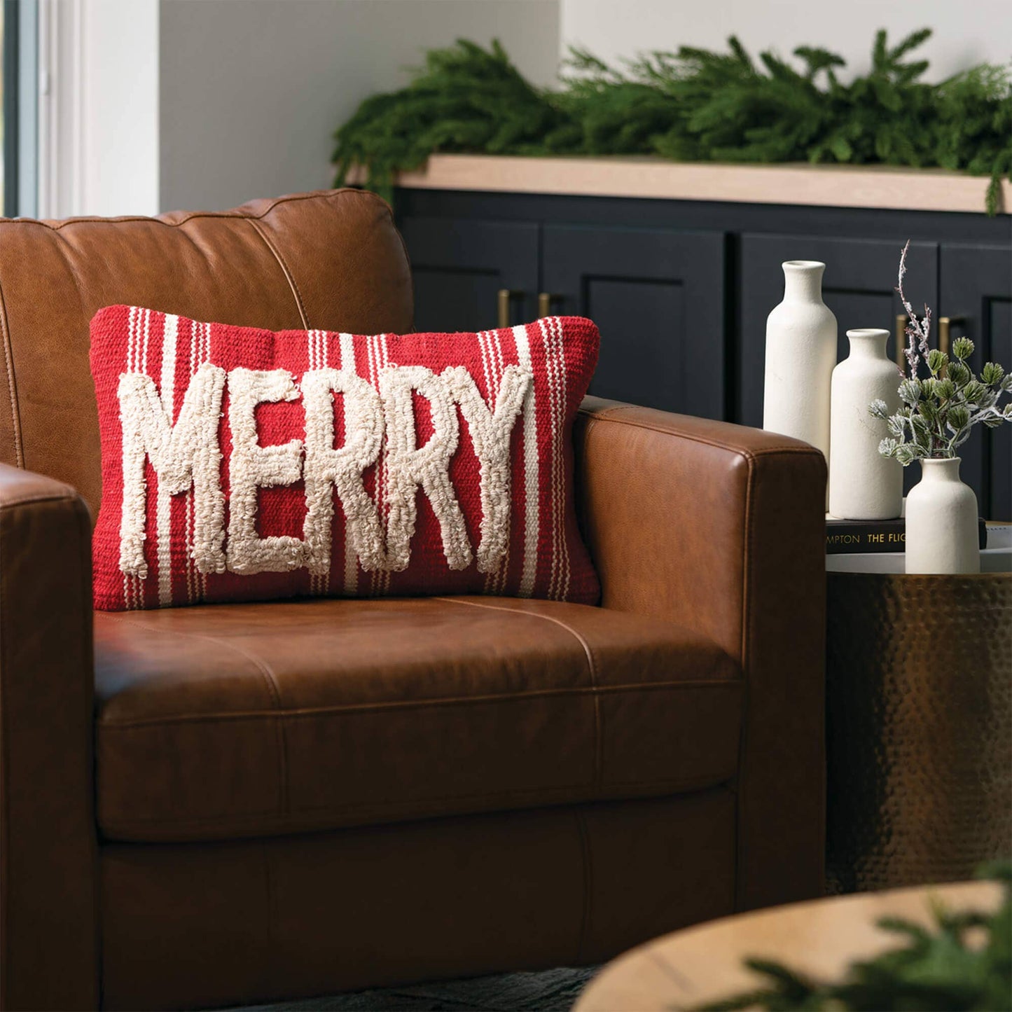 Merry Pillow – Red with Cream Textured Lettering