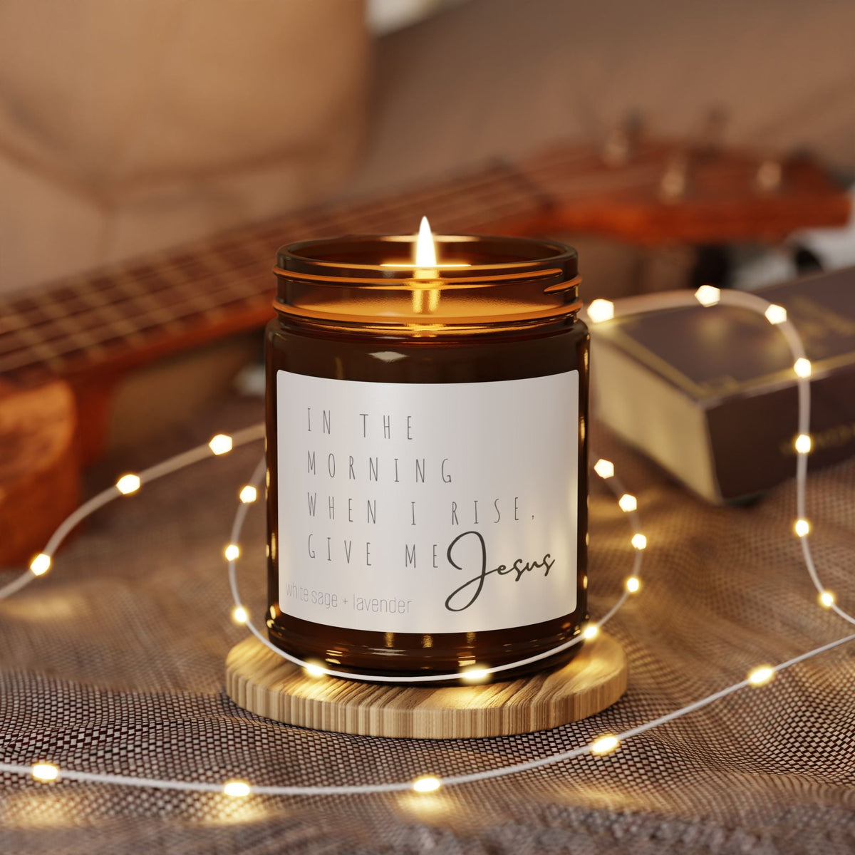 in the morning when i rise, give me Jesus candle surrounded by little fairy lights