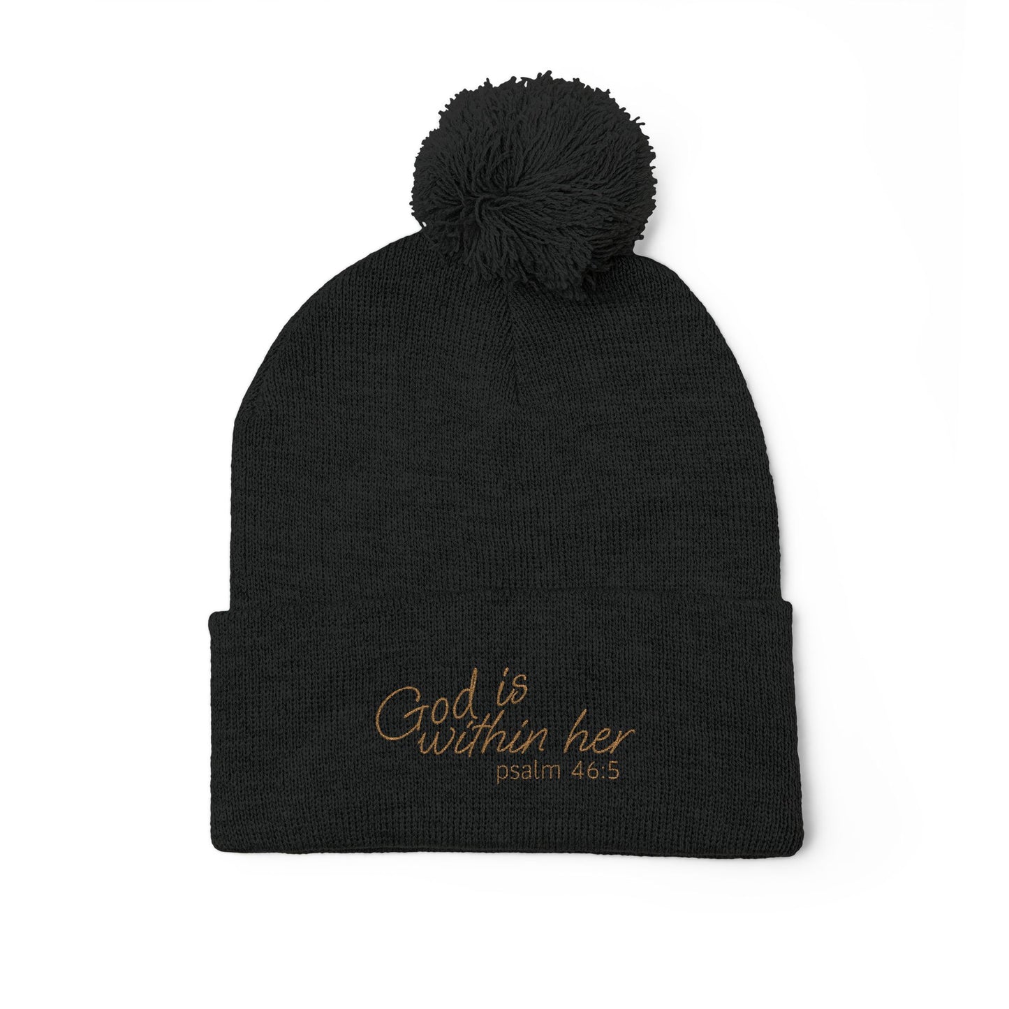 God is Within Her Psalm 46:5 Embroidered Knit Pom-Pom Beanie - 4 Colors!!
