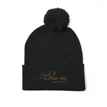 God is Within Her Psalm 46:5 Embroidered Knit Pom-Pom Beanie - 4 Colors!!