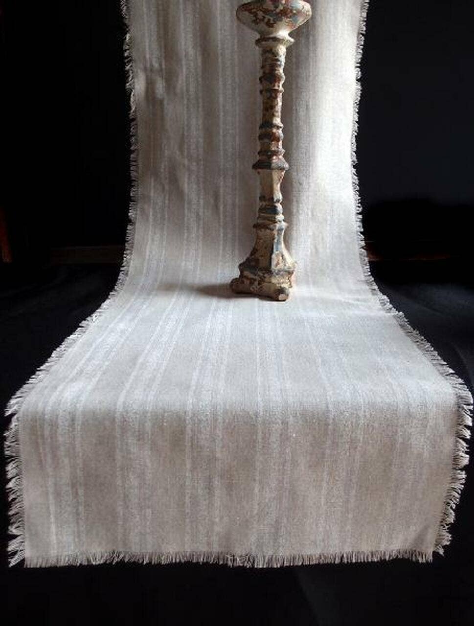 Rustic Light Gray Linen Table Runner with French White Stripes