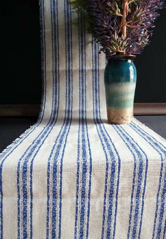 Rustic Blue Stripes Fringed Linen Table Runner