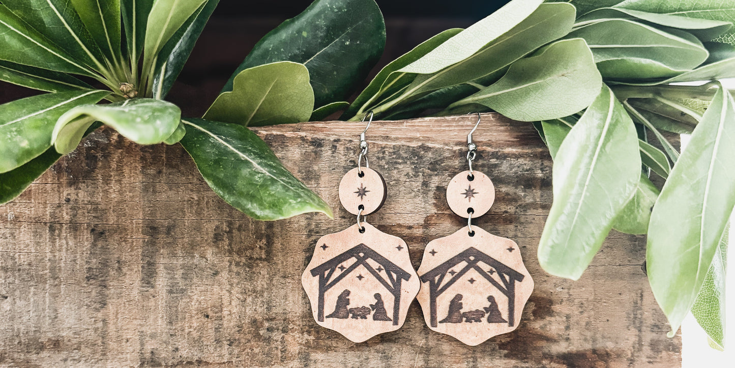 Layered Wooden Christmas Nativity Earrings