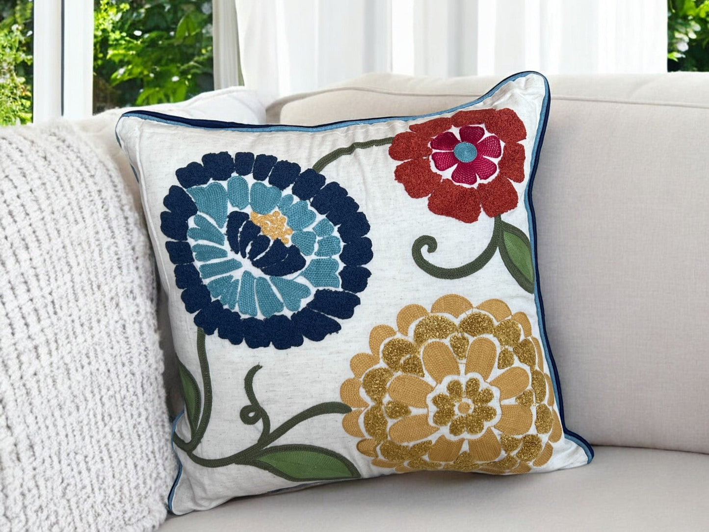 Spring Floral Embroidered Throw Pillow Square Oversized