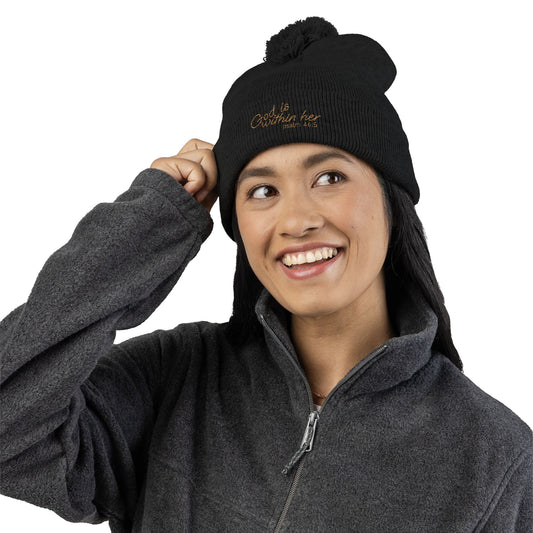 God is Within Her Psalm 46:5 Embroidered Knit Pom-Pom Beanie - 4 Colors!!