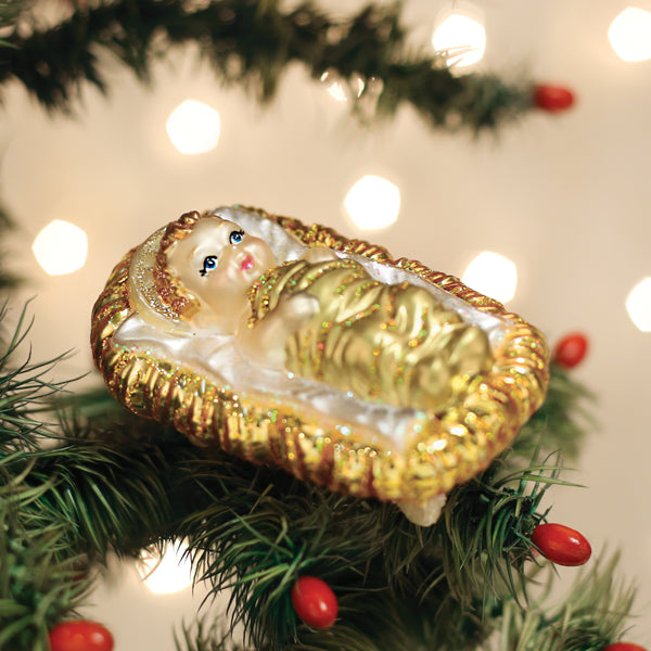 Old World Christmas Baby Jesus in Manger Ornament – 3.5″ Hand-Painted Glass