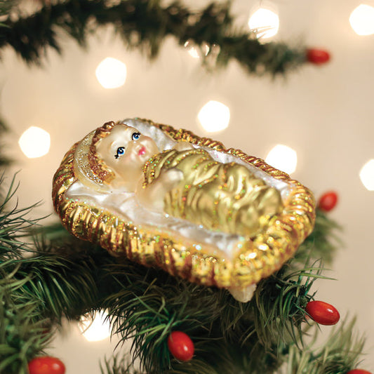 Old World Christmas Baby Jesus in Manger Ornament – 3.5″ Hand-Painted Glass