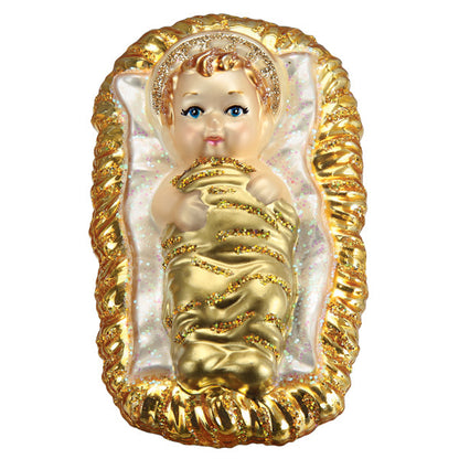 Old World Christmas Baby Jesus in Manger Ornament – 3.5″ Hand-Painted Glass