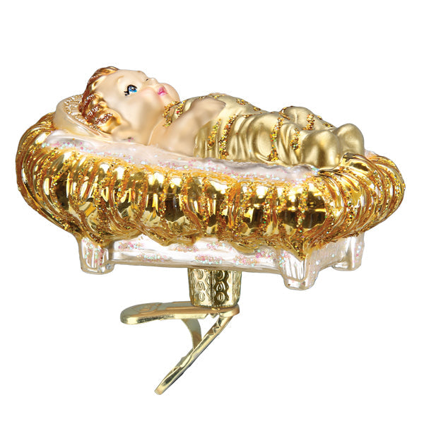 Old World Christmas Baby Jesus in Manger Ornament – 3.5″ Hand-Painted Glass