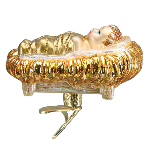 Old World Christmas Baby Jesus in Manger Ornament – 3.5″ Hand-Painted Glass
