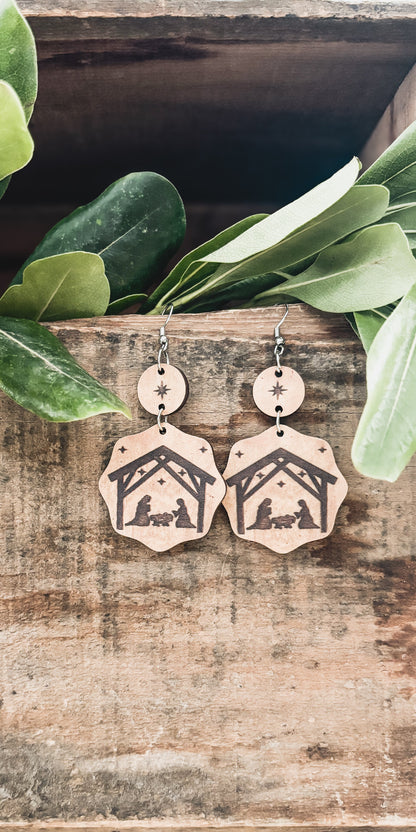 Layered Wooden Christmas Nativity Earrings
