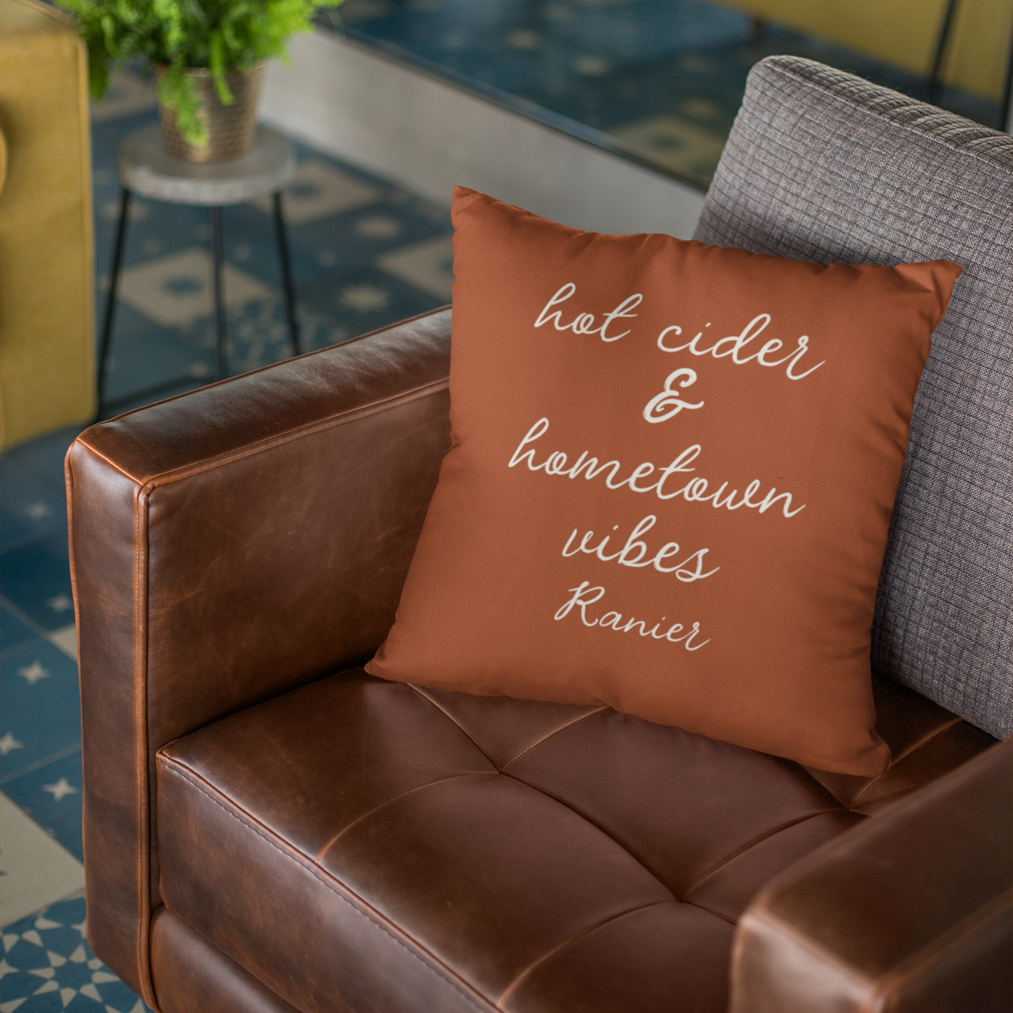 Hot Cider & Hometown Vibes Personalized Autumn Pillow – 18" x 18"