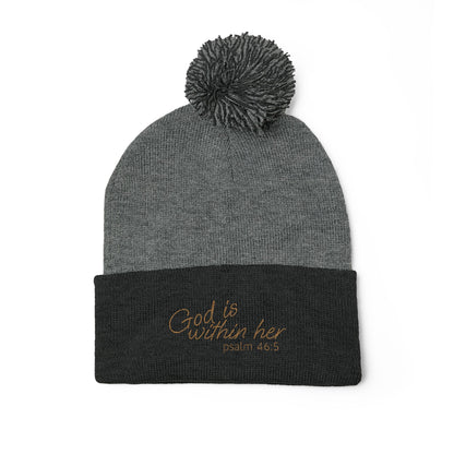 God is Within Her Psalm 46:5 Embroidered Knit Pom-Pom Beanie - 4 Colors!!