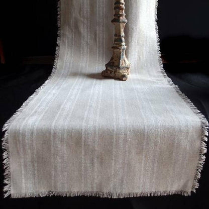 Rustic Light Gray Linen Table Runner with French White Stripes