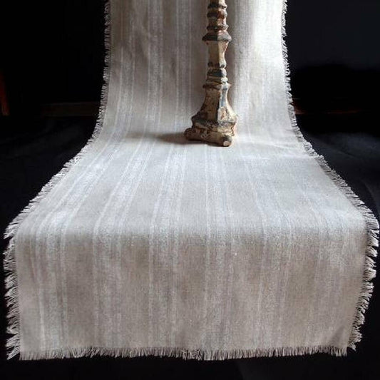 Rustic Light Gray Linen Table Runner with French White Stripes