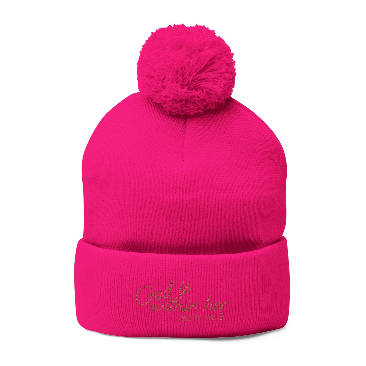 God is Within Her Psalm 46:5 Embroidered Knit Pom-Pom Beanie - 4 Colors!!