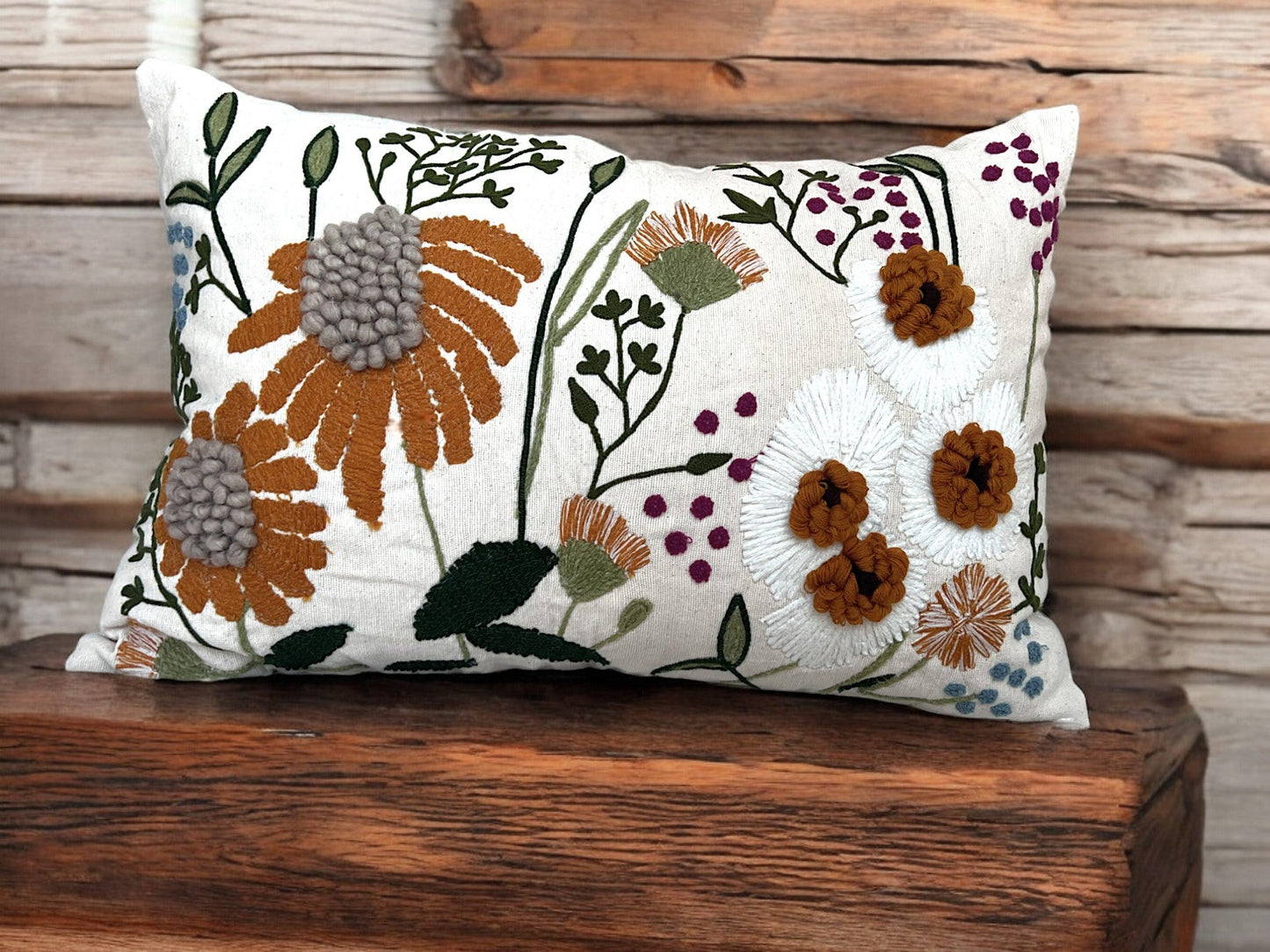 Embroidered Floral Decorative Boho Accent Pillow