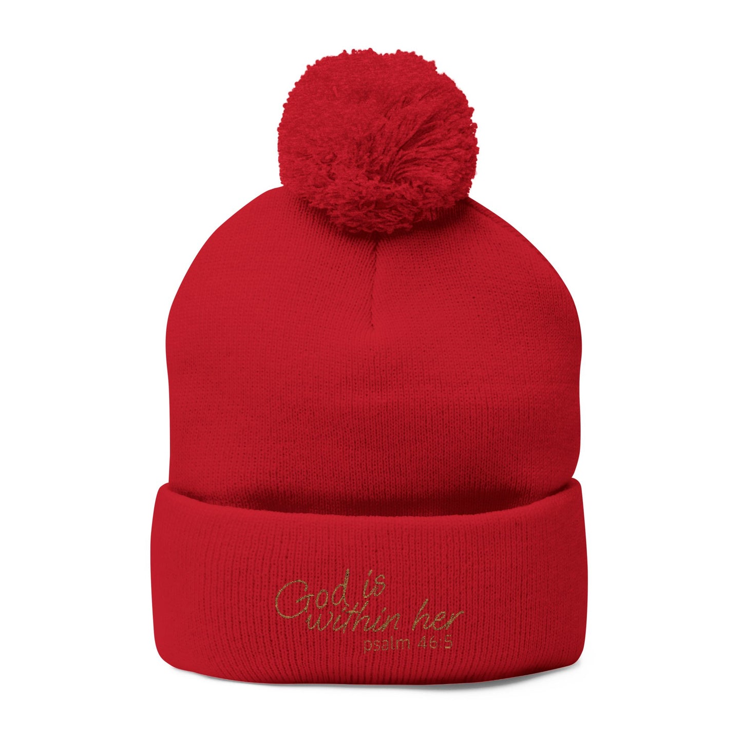 God is Within Her Psalm 46:5 Embroidered Knit Pom-Pom Beanie - 4 Colors!!
