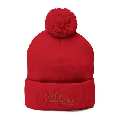 God is Within Her Psalm 46:5 Embroidered Knit Pom-Pom Beanie - 4 Colors!!