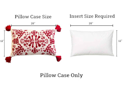 Red & White Embroidered Throw Pillow with Tassels
