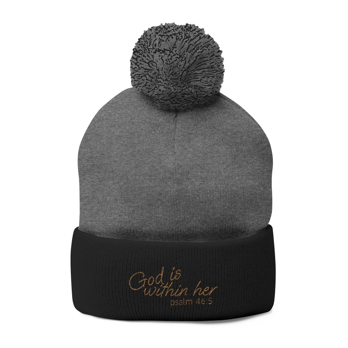 God is Within Her Psalm 46:5 Embroidered Knit Pom-Pom Beanie - 4 Colors!!