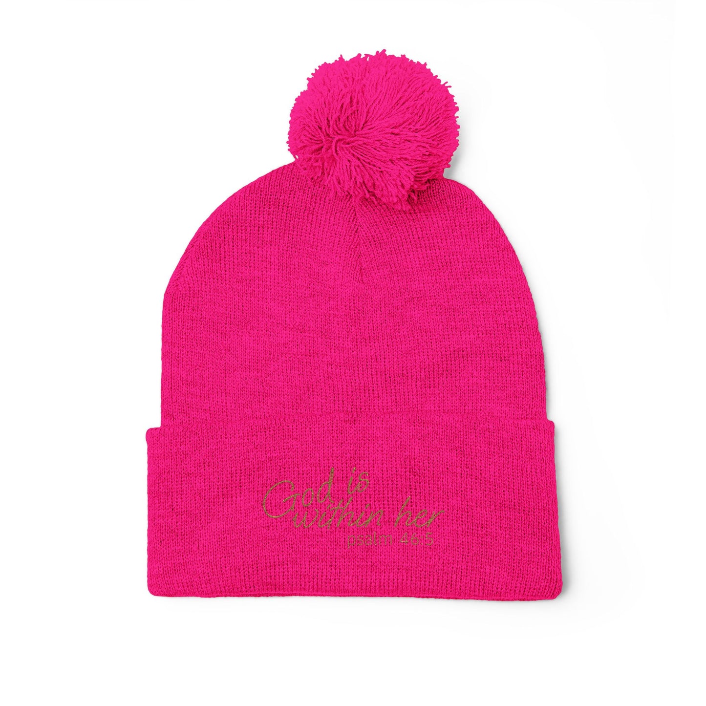 God is Within Her Psalm 46:5 Embroidered Knit Pom-Pom Beanie - 4 Colors!!