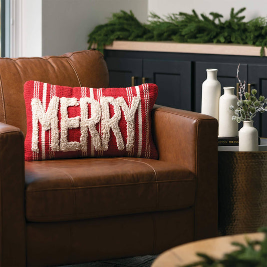 Merry Pillow – Red with Cream Textured Lettering