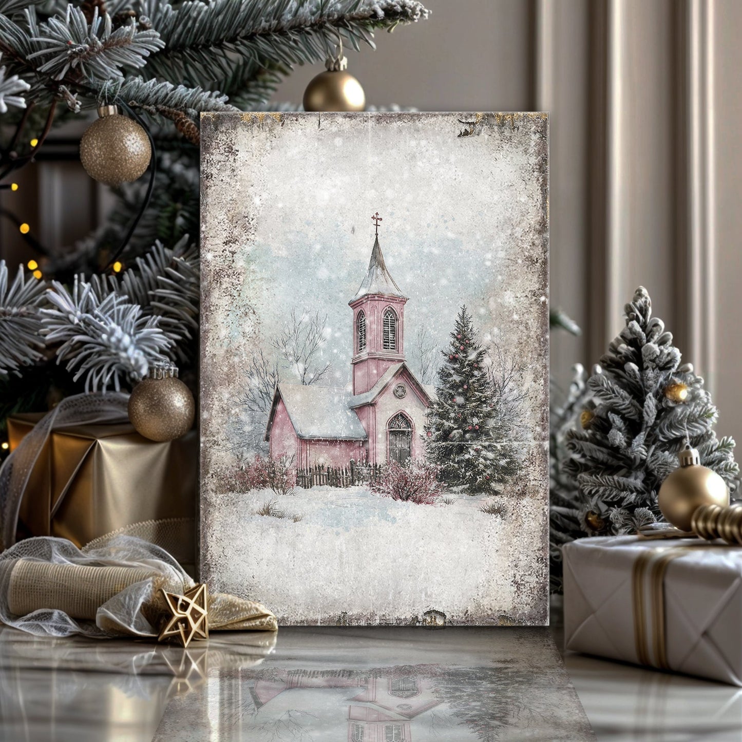Vintage Church Christmas Canvas Wall Art