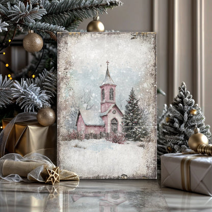 Vintage Church Christmas Canvas Wall Art