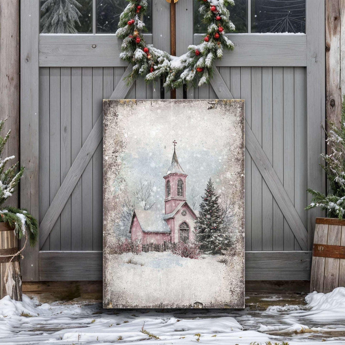 Vintage Church Christmas Canvas Wall Art