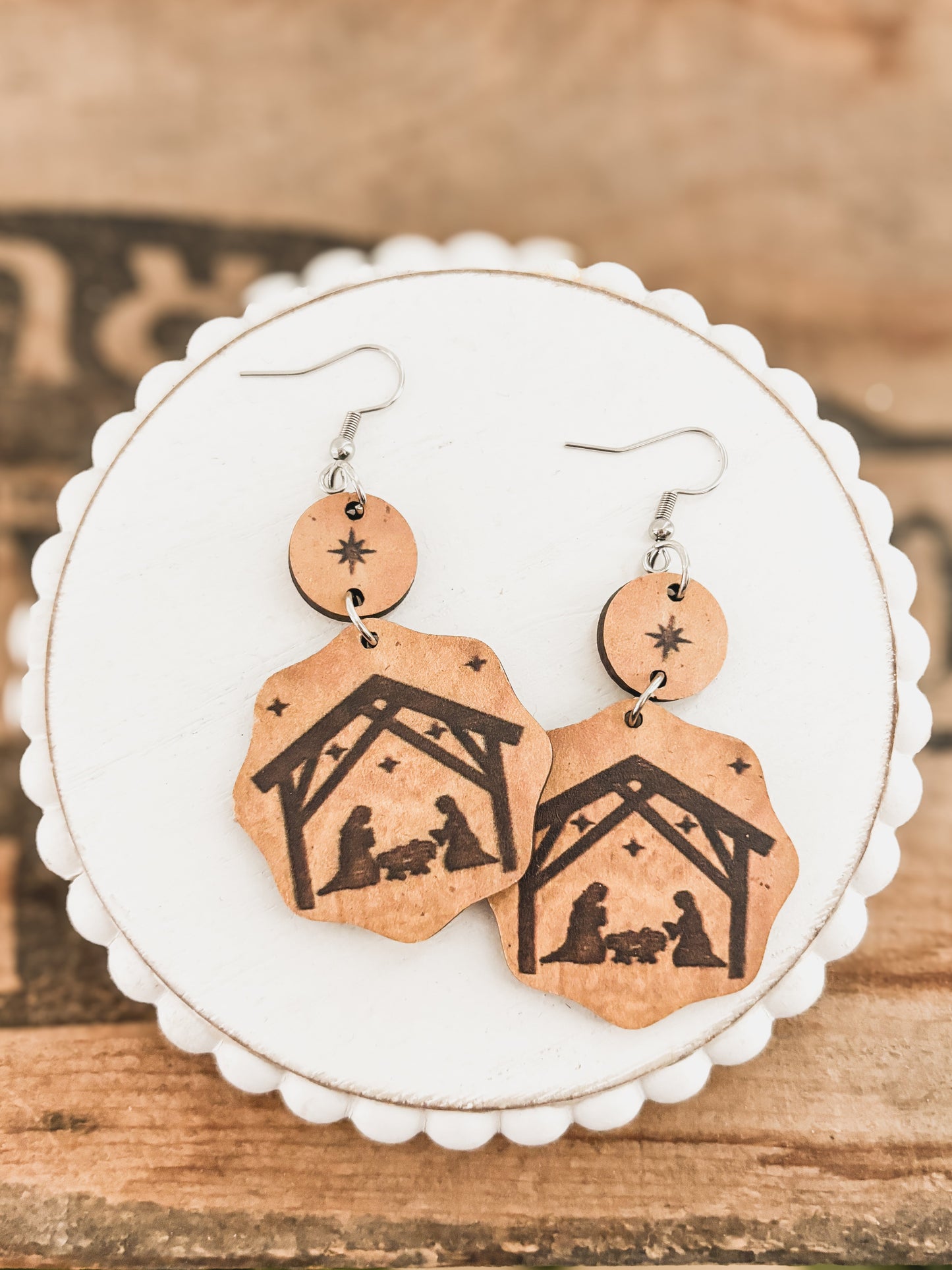 Layered Wooden Christmas Nativity Earrings