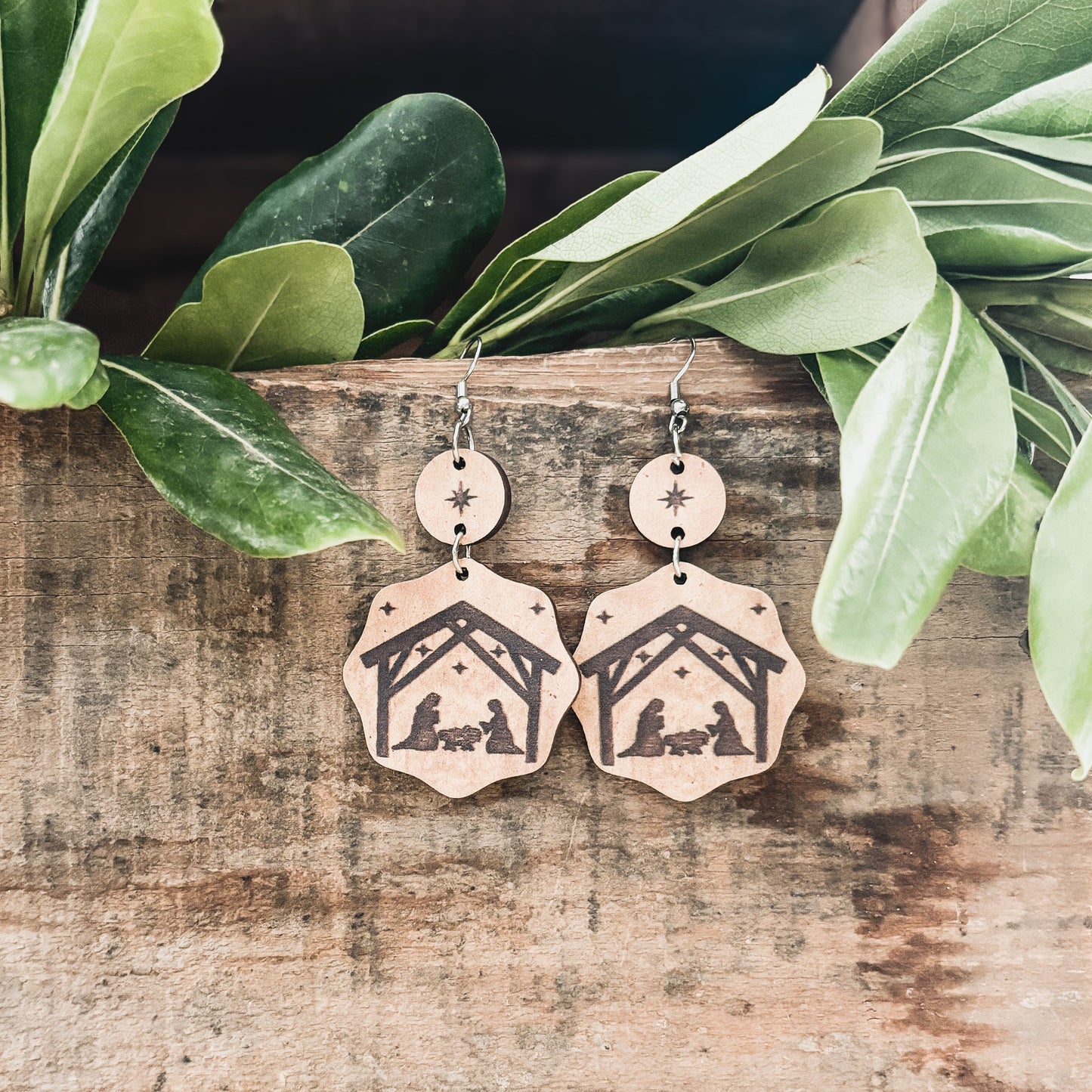Layered Wooden Christmas Nativity Earrings