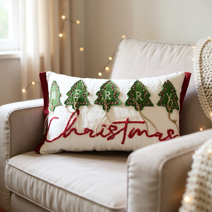 Merry Christmas Embroidered and  Applique Tree with Jute Embellishments Throw Pillow