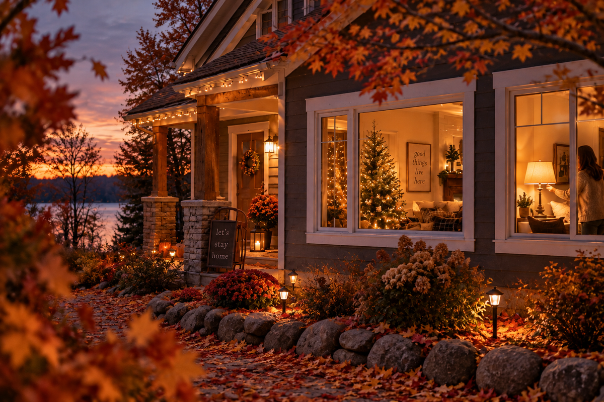 cozy exterior of a home with autumn glow, Christmas lights, and just beyond a lake at  sunset
