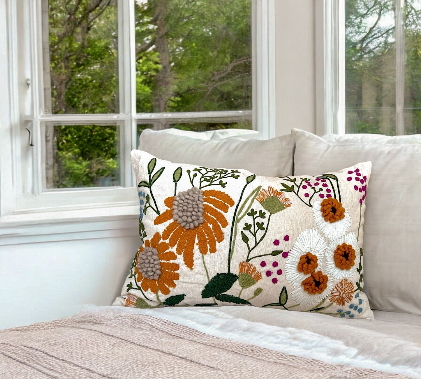 Embroidered Floral Decorative Boho Accent Pillow