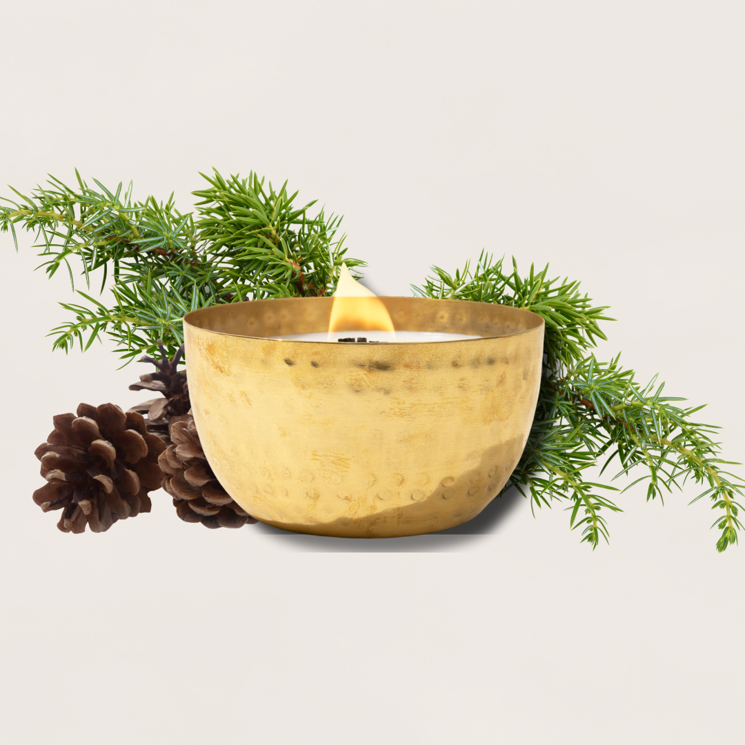 Juniper & Balsam Fir-Solid Brass 14oz Pure Soy Candle - Gold bowl with a candle surrounded by greenery and pine cones on a light background