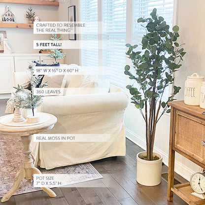 5' Tall Lifelike Potted Tree with Realistic Leaves and Moss Detail