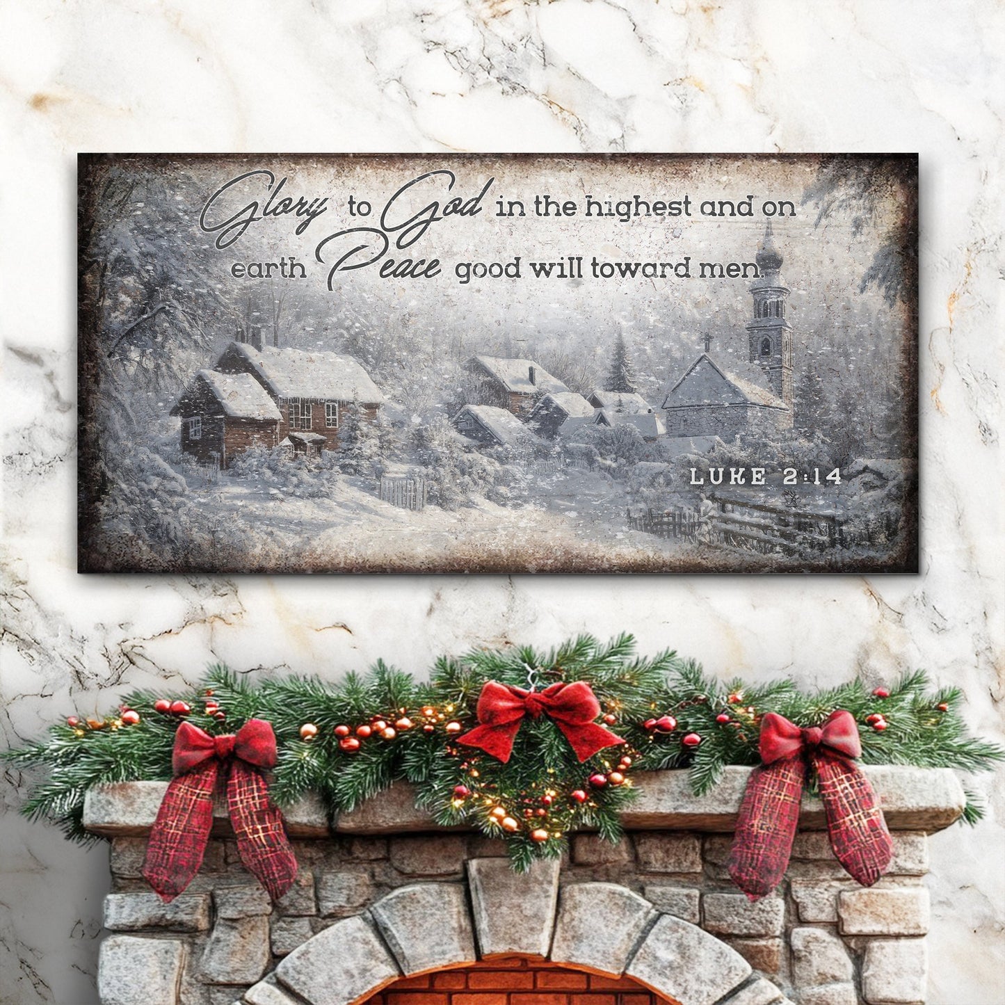 Vintage Christmas Village Luke 2:14 Scripture Canvas Wall Art II