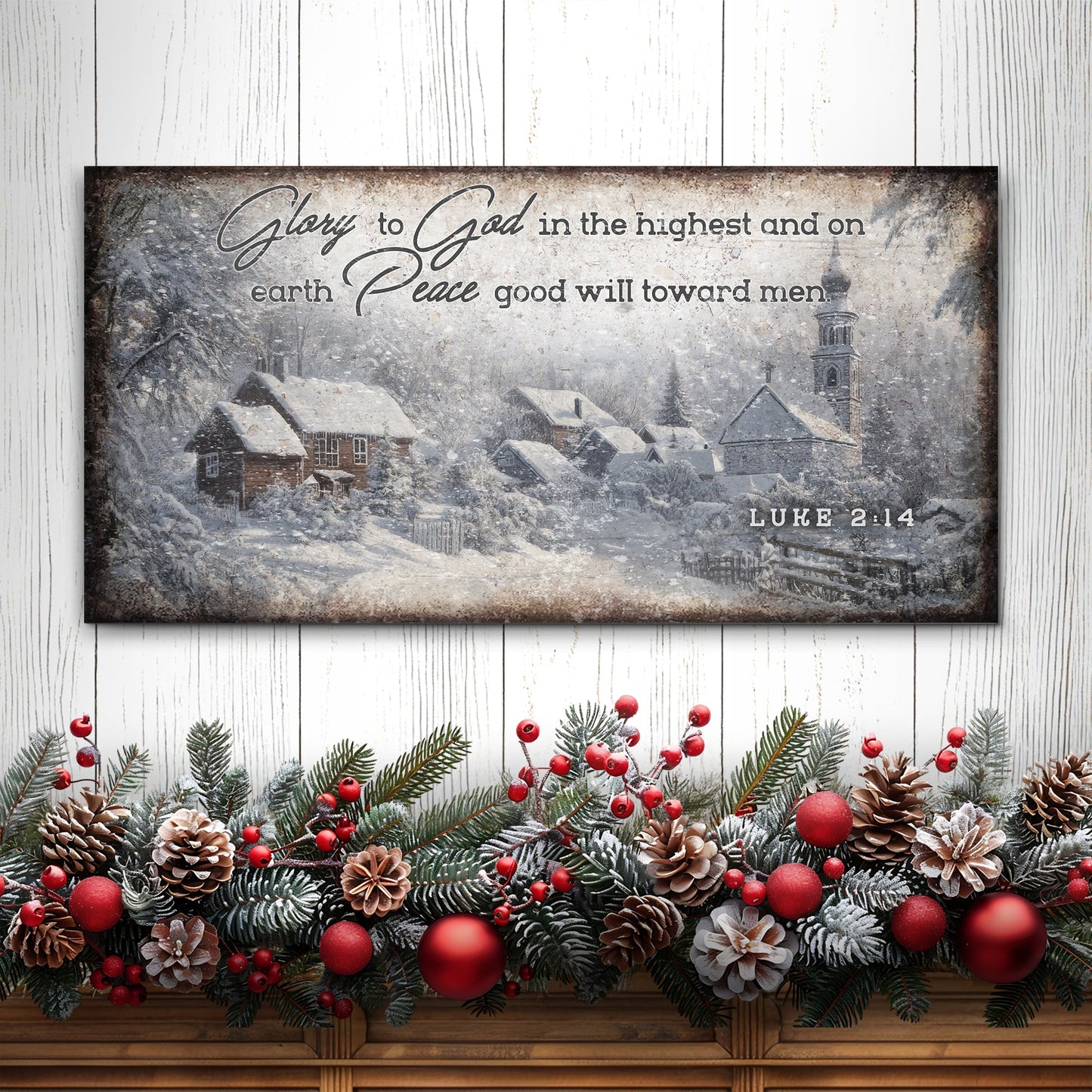 Vintage Christmas Village Luke 2:14 Scripture Canvas Wall Art II