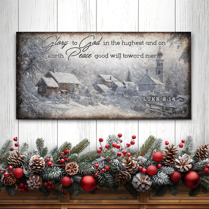 Vintage Christmas Village Luke 2:14 Scripture Canvas Wall Art II