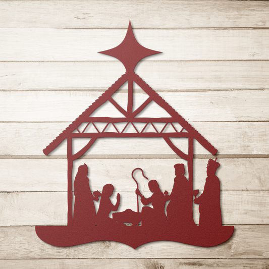 Nativity_Silhouette_Metal_Wall_Hanging_Red_Simple_Wood_BKGD_Mockup.png