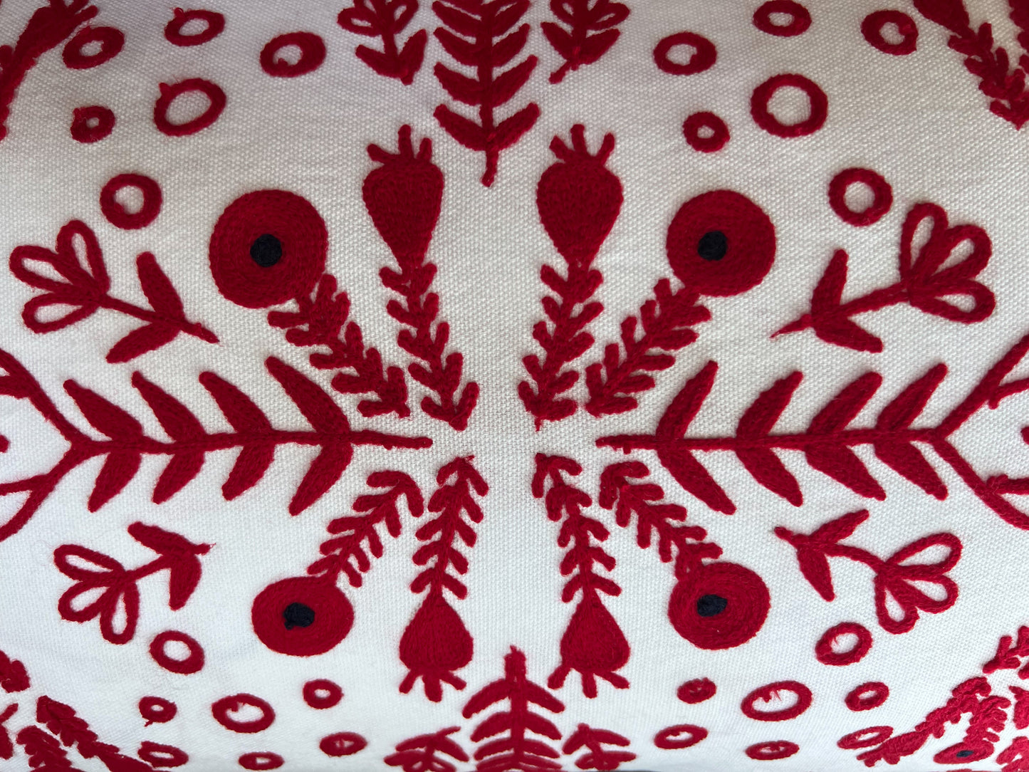 Red & White Embroidered Throw Pillow with Tassels