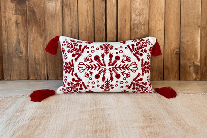 Red & White Embroidered Throw Pillow with Tassels