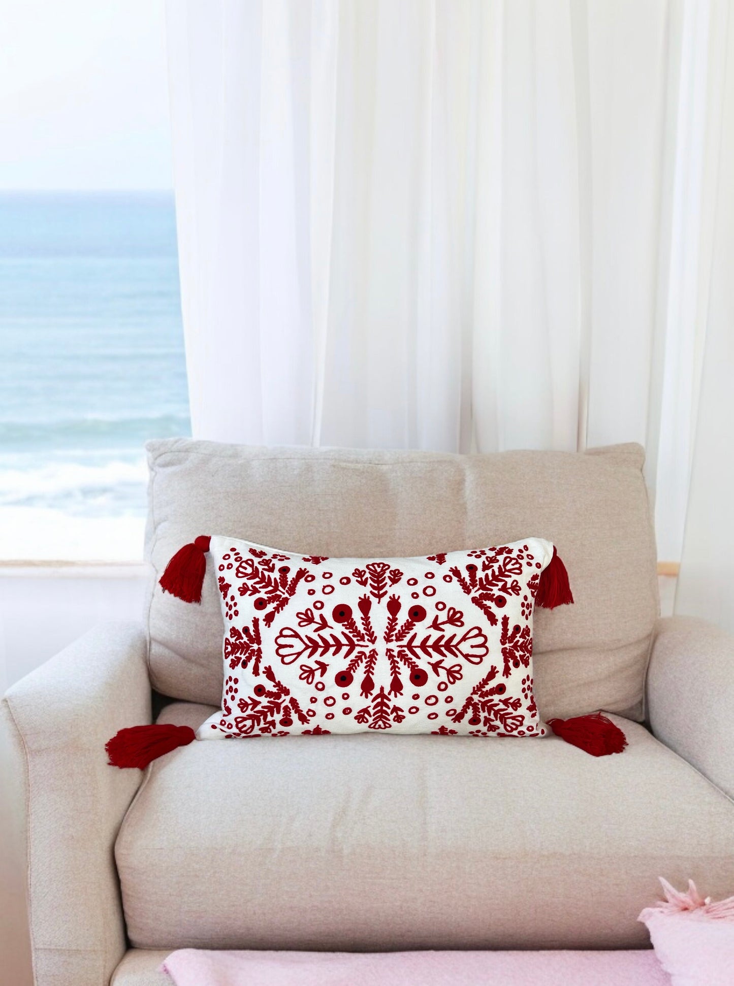 Red & White Embroidered Throw Pillow with Tassels