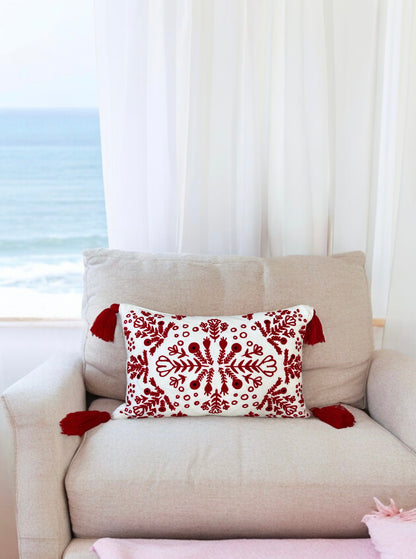 Red & White Embroidered Throw Pillow with Tassels
