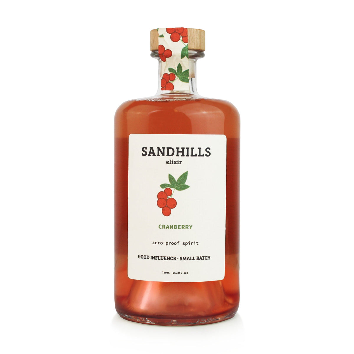 Bottle of Sandhills Elixir Cranberry with a white label on a white background