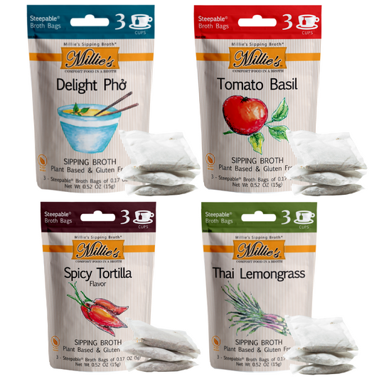 Millie’s Sipping Broth 4-Flavor Snack Assortment – 12 Servings