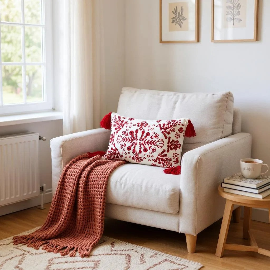 Red & White Embroidered Throw Pillow with Tassels