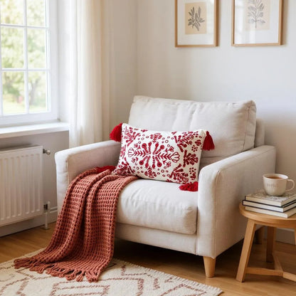 Red & White Embroidered Throw Pillow with Tassels