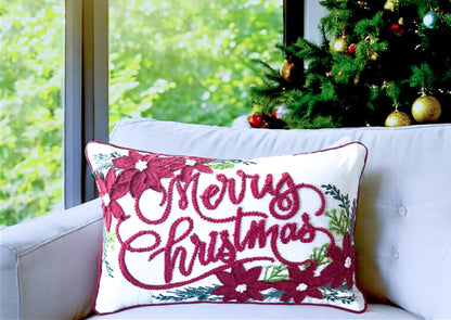 Merry Christmas Vintage Poinsettia Throw Pillow